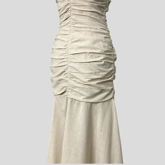 Anthropologie ATSU Ruched Drop Waist Beige Midi Linen Blend Strap Dress 2 - Picture 8 of 11